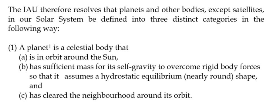 Screenshot of an IAU document with the criteria for how they define what a planet is